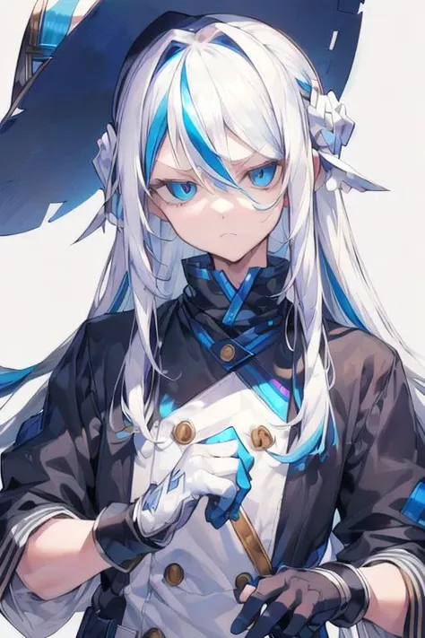 (Masterpiece, best quality), closeup, Furina, blue eyes, hair between eyes, white hair, blue hair, multicolored hair, long hair, streaked hair, hat, blue headwear, jacket, gloves, black gloves, white gloves, mismatched gloves, (AGGA_ST012, disdainful eyes:1.3), slight pout,