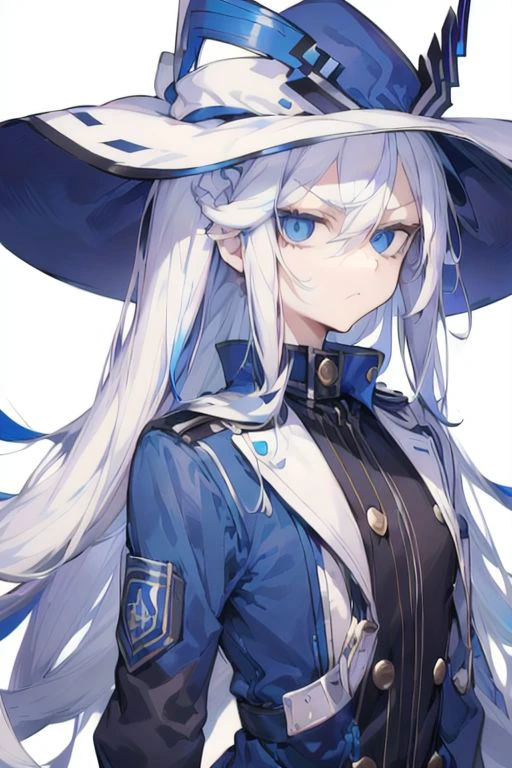 (Masterpiece, best quality), closeup, Furina, blue eyes, hair between eyes, white hair, blue hair, multicolored hair, long hair, streaked hair, hat, blue headwear, jacket, gloves, black gloves, white gloves, mismatched gloves, (AGGA_ST012, disdainful eyes:1.3), slight pout,