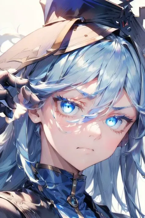 (Masterpiece, best quality, perfect face, perfect eyes, detailed eyes), closeup, Furina, blue eyes, hair between eyes, white hair, blue hair, multicolored hair, long hair, streaked hair, hat, blue headwear, jacket, gloves, black gloves, white gloves, mismatched gloves, (AGGA_ST012, disdainful eyes:1.3), slight pout, AGGA_ST002, bright pupils