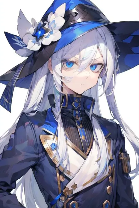 (Masterpiece, best quality), closeup, Furina, blue eyes, hair between eyes, white hair, blue hair, multicolored hair, long hair, streaked hair, hat, blue headwear, jacket, gloves, black gloves, white gloves, mismatched gloves, (AGGA_ST012, disdainful eyes:1.3), slight pout,