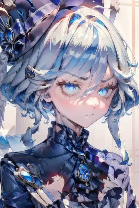 (Masterpiece, best quality, perfect face, perfect eyes, detailed eyes), closeup, Furina, blue eyes, hair between eyes, white hair, blue hair, multicolored hair, long hair, streaked hair, hat, blue headwear, jacket, gloves, black gloves, white gloves, mismatched gloves, (AGGA_ST012, disdainful eyes:1.3), slight pout, AGGA_ST002, bright pupils