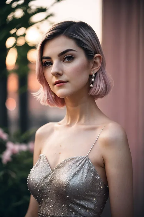 EvaE_SoloTI_v1,
(In a delicate pink cotton dress, with a tiny silver bracelet, for a demure and tender look), (In a quiet courtyard at dusk, with the scent of blooming jasmine, a soft and wistful atmosphere:1.3), (seductive:1.3),(analog, cinematic, film grain, hazy atmosphere, cinematic shot:1.3),, PA7_Portrait-MCU