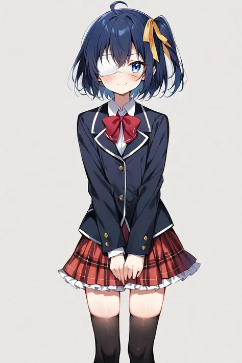 masterpiece, (ultra detailed:0.7),
1girl, takanashi rikka, chuunibyou demo koi ga shitai!, blue eyes, white eyepatch, medical eyepatch, dark blue hair, short hair, one side up, ahoge, hair ribbon, yellow ribbon, icho private high school uniform, black jacket, long sleeves, red bowtie, red skirt, plaid skirt, frilled skirt, miniskirt, black thighhighs, fingernails
,(smile:0.7), (cowboy shot:0.7), (white background:1.1), simple background, standing, straight-on, skinny