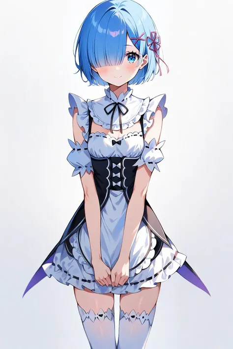 masterpiece, (ultra detailed:0.7),
1girl, rem, re:zero kara hajimeru isekai seikatsu, blue eyes, short hair, blue hair, hair over one eye, x hair ornament, pink ribbon, hair ribbon, roswaal mansion maid uniform, maid headdress, white tighhighs, fingernails
,(smile:0.7), (cowboy shot:0.7), (white background:1.1), simple background, standing, straight-on, skinny