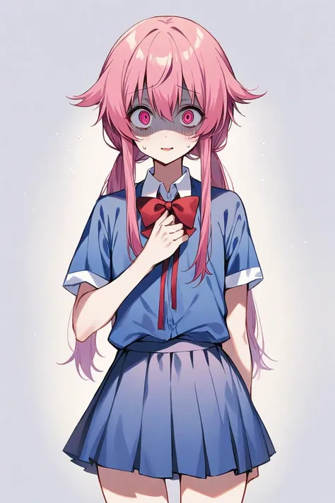 masterpiece, (ultra detailed:0.7),
1girl, gasai yuno, yandere, pink eyes, crazy eyes, shaded face, pink hair, long hair, hair flaps, low twintails, long locks, long sidelocks, red bowtie, white collar, collarbone, collared shirt, blue shirt, short sleeves, blue skirt, pleated skirt, miniskirt, fingernails
,(smile:0.7), (cowboy shot:0.7), (white background:1.1), simple background, standing, straight-on, skinny