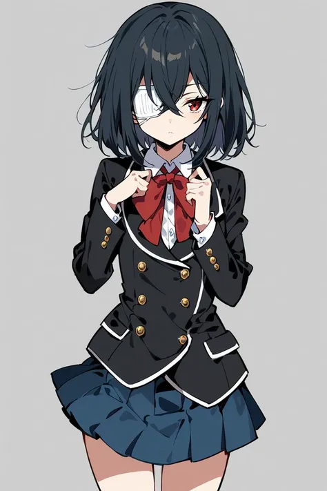 masterpiece, (ultra detailed:0.7),
1girl, misaki mei, another, red eyes, black hair, short hair, bob cut, crossed bangs, medical eyepatch, white eyepatch, expressionless, yomiyama north junior high school uniform, black jacket, long sleeves, collared shirt, red bowtie, pleated skirt, dark blue skirt, miniskirt, gold buttons, double-breasted, fingernails
,(smile:0.7), (cowboy shot:0.7), (white background:1.1), simple background, standing, straight-on, skinny