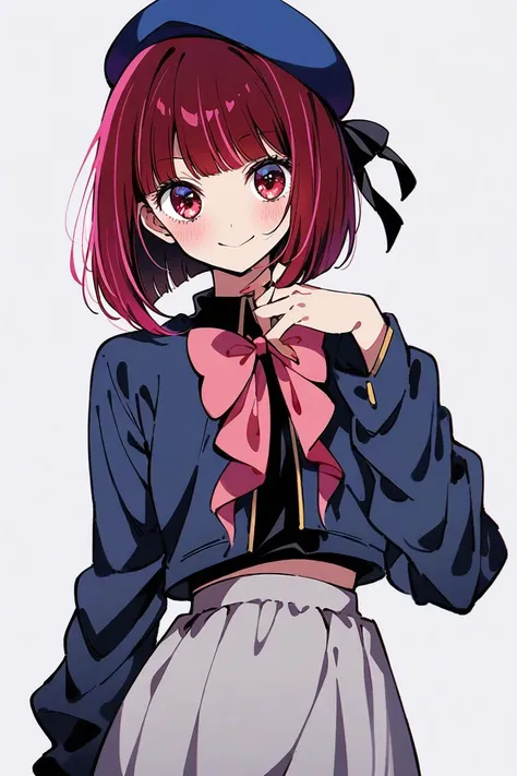 masterpiece, (ultra detailed:0.7),
1girl, arima kana, oshi no ko, red eyes, red hair, short hair, bob cut, blunt bangs, youtou high school uniform, blue beret, black ribbon, hair ribbon, black shirt, dark blue jacket, open jacket, long sleeves, cropped jacket, grey skirt, pink bowtie, fingernails
,(smile:0.7), (cowboy shot:0.7), (white background:1.1), simple background, standing, straight-on, skinny