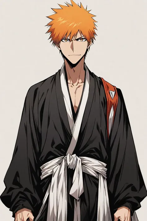 masterpiece, (ultra detailed:0.7),
1boy, male focus, kurosaki ichigo, bleach, shinigami, orange eyes, orange hair, black kimono, long sleeves
,(smile:0.7), (cowboy shot:0.7), (white background:1.1), simple background, standing, straight-on, skinny