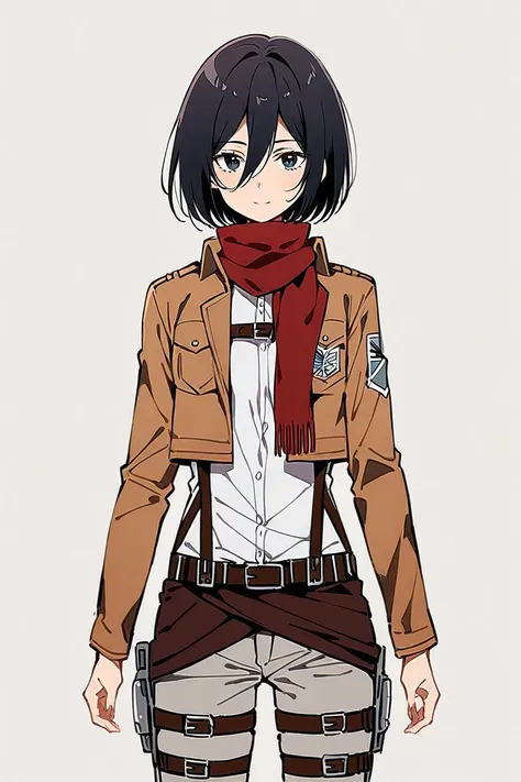 masterpiece, (ultra detailed:0.7),
1girl, mikasa ackerman, shingeki no kyojin, black eyes, black hair, short hair, hair between eyes, red scarf, paradis military uniform, brown jacket, long sleeves, grey shirt, suspenders, grey pants, fingernails
,(smile:0.7), (cowboy shot:0.7), (white background:1.1), simple background, standing, straight-on, skinny