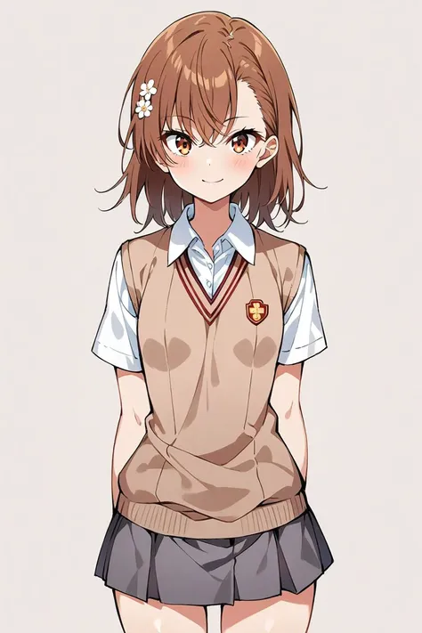 masterpiece, (ultra detailed:0.7),
1girl, misaka mikoto, brown eyes, brown hair, medium hair, hair ornament, hairpin, hair flower, tokiwadai school uniform, brown sweater vest, school emblem, collared shirt, white shirt, short sleeves, grey skirt, pleated skirt, miniskirt, fingernails
,(smile:0.7), (cowboy shot:0.7), (white background:1.1), simple background, standing, straight-on, skinny