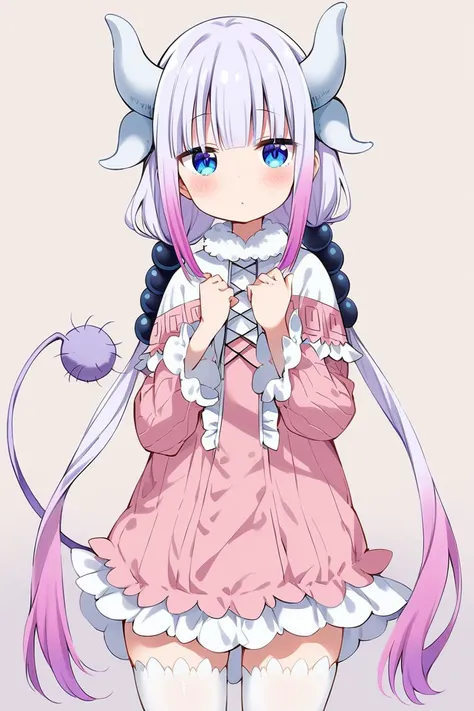 masterpiece, (ultra detailed:0.7),
1girl, kanna kamui, kobayashi-san chi no maidragon, dragon girl, blue eyes, pink hair, long hair, low twintails, gradient hair, blunt bangs, hair beads, hair bow, dragon horns, frilled dress, pink dress, white dress, fur-trimmed collar, white thighhighs, tail, fingernails
,(smile:0.7), (cowboy shot:0.7), (white background:1.1), simple background, standing, straight-on, skinny