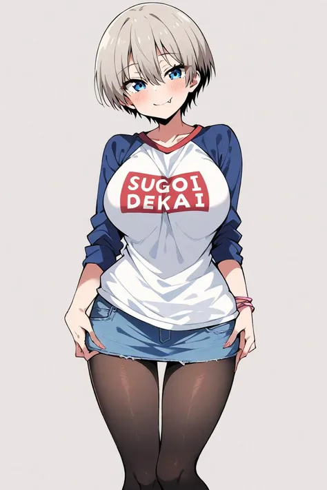 masterpiece, (ultra detailed:0.7),
1girl, uzaki hana, uzaki-chan wa asobitai!, blue eyes, grey hair, short hair, fang out, white shirt, blue sleeves, raglan sleeves, long sleeves, clothes writing "sugoi dekai", sugoi dekai, romaji text , denim skirt, pencil skirt, blue skirt, miniskirt, black pantyhose, pink bracelet, large breasts, fingernails
,(smile:0.7), (cowboy shot:0.7), (white background:1.1), simple background, standing, straight-on, skinny