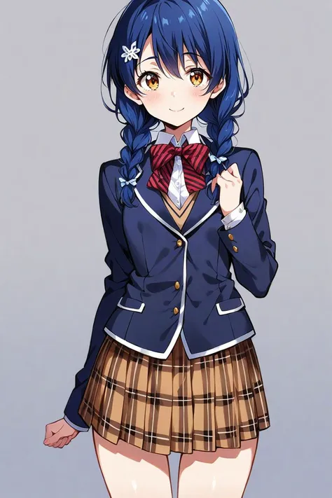 masterpiece, (ultra detailed:0.7),
1girl, tadokoro megumi, shokugeki no souma, yellow eyes, blue hair, medium hair, hair ornament, twin braids, tootsuki saryou ryouri gakuen uniform, dark blue jacket, long sleeves, red bowtie, striped bowtie, plaid skirt, miniskirt, pleated skirt, fingernails
,(smile:0.7), (cowboy shot:0.7), (white background:1.1), simple background, standing, straight-on, skinny