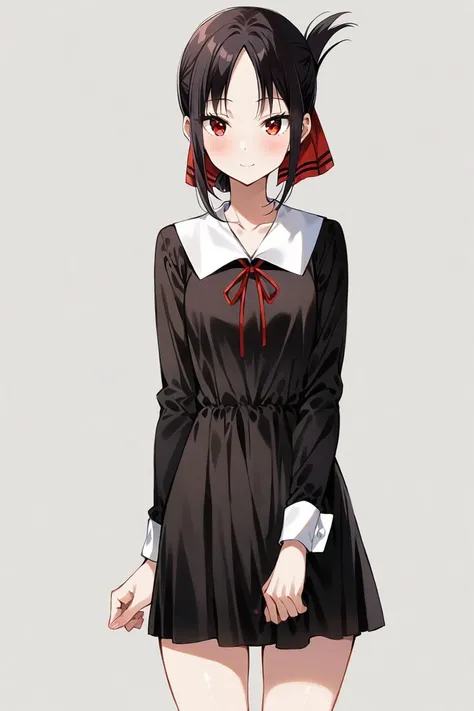 masterpiece, (ultra detailed:0.7),
1girl, shinomiya kaguya, kaguya-sama wa kokurasetai ~tensai-tachi no renai zunousen, red eyes, short hair, black hair, parted bangs, folded ponytail, hair ribbon, red ribbon, shuuchiin academy school uniform, black dress, long sleeves, white collar, fingernails
,(smile:0.7), (cowboy shot:0.7), (white background:1.1), simple background, standing, straight-on, skinny