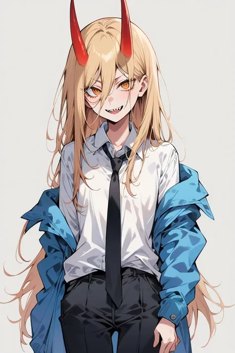 masterpiece, (ultra detailed:0.7),
1girl, power, chainsaw man , yellow eyes, cross-shaped pupils, blonde hair, straight hair, long hair between eyes, red horns, sharp teeth, collared shirt, white shirt, black necktie, shirt partially tucked in, black pants, pants rolled up, open jacket, blue jacket, long sleeves
,(smile:0.7), (cowboy shot:0.7), (white background:1.1), simple background, standing, straight-on, skinny