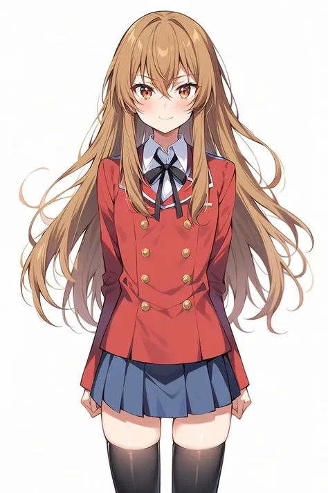 masterpiece, (ultra detailed:0.7),
1girl, aisaka taiga, toradora!, brown eyes, brown hair, long hair, straight hair, oohashi high school uniform, white shirt, black ribbon, neck ribbon, collared shirt, double-breasted, long sleeves, red jacket, pleated skirt, blue skirt, miniskirt, black thighhighs, fingernails
,(smile:0.7), (cowboy shot:0.7), (white background:1.1), simple background, standing, straight-on, skinny