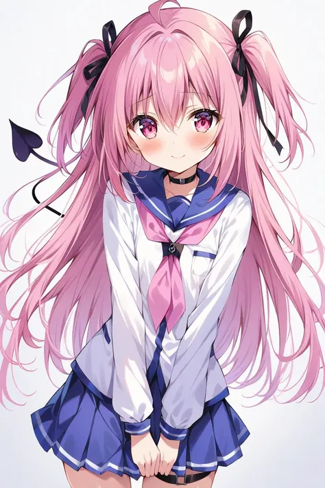 masterpiece, (ultra detailed:0.7),
1girl, yui, angel beats!, pink eyes, pink hair, long hair, ahoge, hair between eyes, straight hair, two side up, hair ribbon, black ribbon, shinda sekai sensen uniform, black choker, blue sailor collar, pink neckerchief, pink neck ribbon, long sleeves, white shirt, blue skirt, pleated skirt, miniskirt, front slit, thigh straps, black strap, fingernails, black wristband, fake demon tail
,(smile:0.7), (cowboy shot:0.7), (white background:1.1), simple background, standing, straight-on, skinny