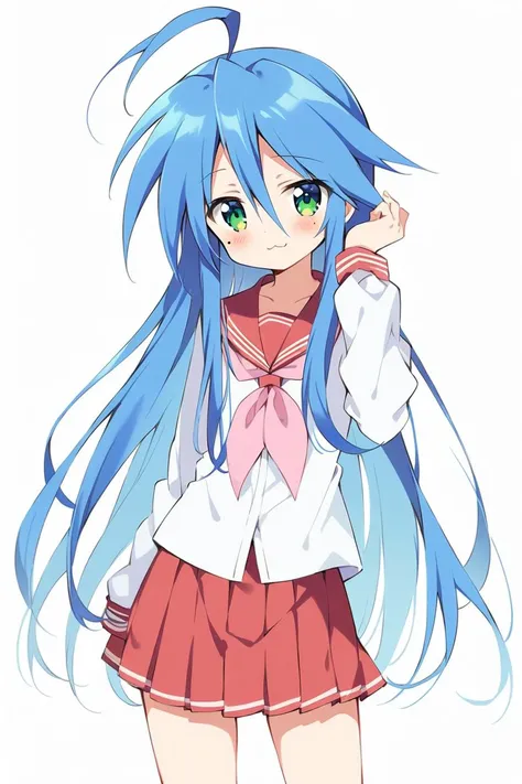 masterpiece, (ultra detailed:0.7),
1girl, izumi konata, lucky star, green eyes, blue hair, long hair, ahoge, mole under eye, (:3:1.0), petite, school uniform, red sailor collar, white shirt, collared shirt, long sleeves, pink neckerchief, red skirt, pleated skirt, miniskirt, fingernails
,(smile:0.7), (cowboy shot:0.7), (white background:1.1), simple background, standing, straight-on, skinny