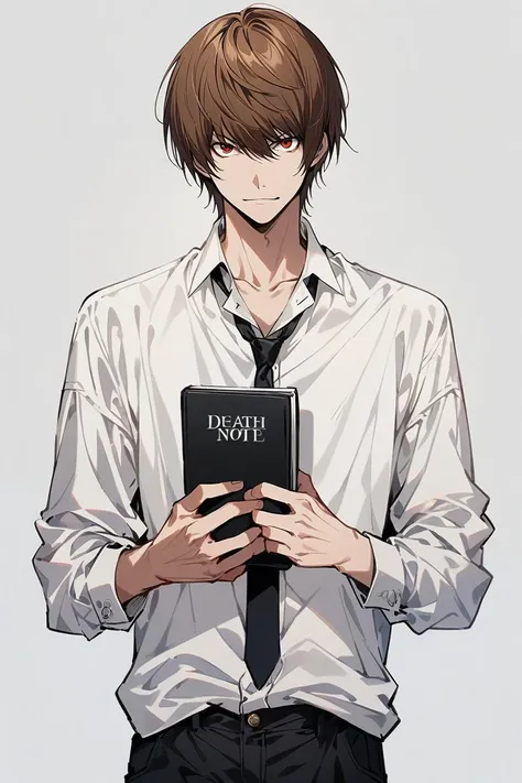 masterpiece, (ultra detailed:0.7),
1boy, male focus, yagami light, death note, red eyes, brown hair, short hair, collarbone, white shirt, black necktie, long sleeves, black pants, holding book, black book, death note object, "death note"
,(smile:0.7), (cowboy shot:0.7), (white background:1.1), simple background, standing, straight-on, skinny