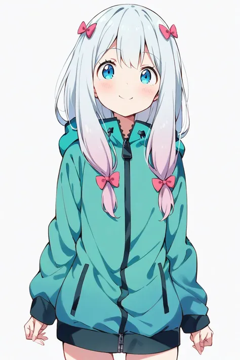 masterpiece, (ultra detailed:0.7),
1girl, izumi sagiri, eromanga sensei, blue eyes, white hair, long hair, pink bow, hair bow, green jacket, hooded jacket, zipper pull tab, long sleeves, fingernails
,(smile:0.7), (cowboy shot:0.7), (white background:1.1), simple background, standing, straight-on, skinny