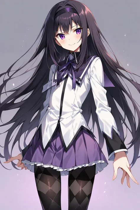 masterpiece, (ultra detailed:0.7),
1girl, akemi homura, mahou shoujo madoka magica, purple eyes, black hair, long hair, black hairband, purple capelet, collared capelet, white jacket, black collar, ribbon, black pantyhose, white sleeves, black sleeves, argyle pantyhose, purple skirt, long sleeves, miniskirt, pleated skirt, fingernails, magical girl
,(smile:0.7) ,(cowboy shot:0.7), (white background:1.1), simple background, standing, straight-on, skinny