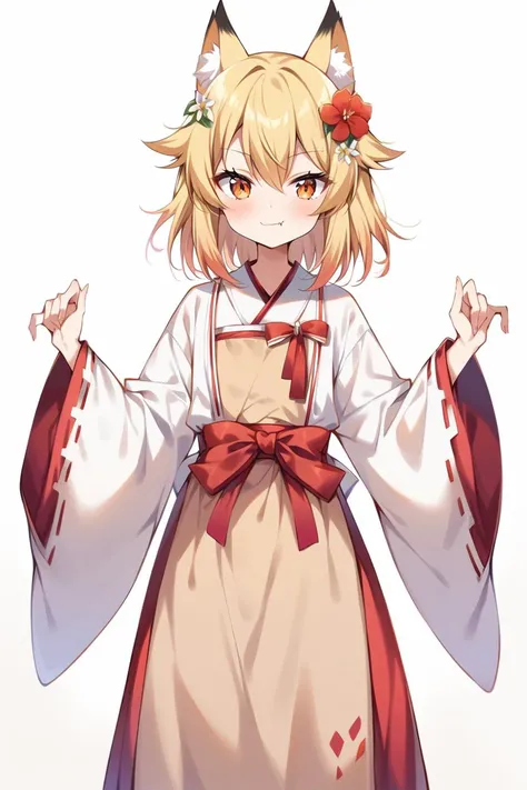 masterpiece, (ultra detailed:0.7),
1girl, senko, sewayaki kitsune no senko-san, fox girl, fox ears, orange eyes, blonde hair, medium hair, hair between eyes, hair flaps, straight hair, hair flower, fang out, white kimono, wide sleeves, long sleeves, maid apron, beige apron, waist bow, red bow, red skirt, ribbon-trimmed kimono, ribbon-trimmed sleeves, long skirt, fingernails
,(smile:0.7), (cowboy shot:0.7), (white background:1.1), simple background, standing, straight-on, skinny