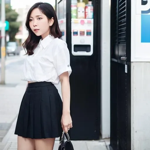acgirl standing near vending machine,white shirt short sleeve,black pleated skirt, <lora:Asian cute girl v01:0.8>,soft light, out door,street side