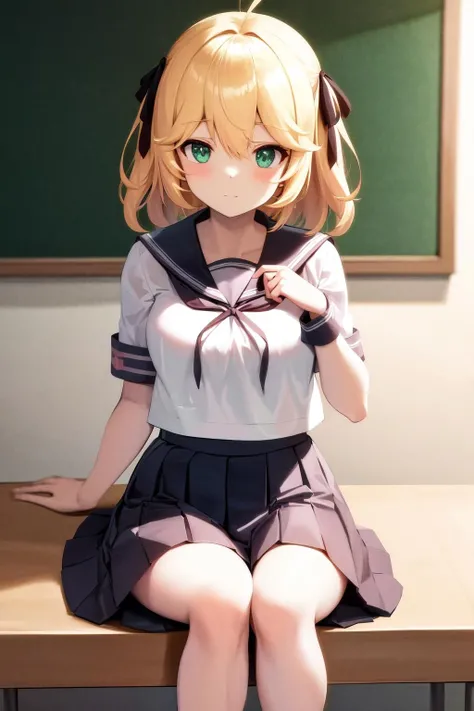 masterpiece, best quality, highres, 1girl anisphia ahoge hair ribbon <lora:anisphia_no_outfit:1> sitting, serafuku, school uniform, pleated skirt