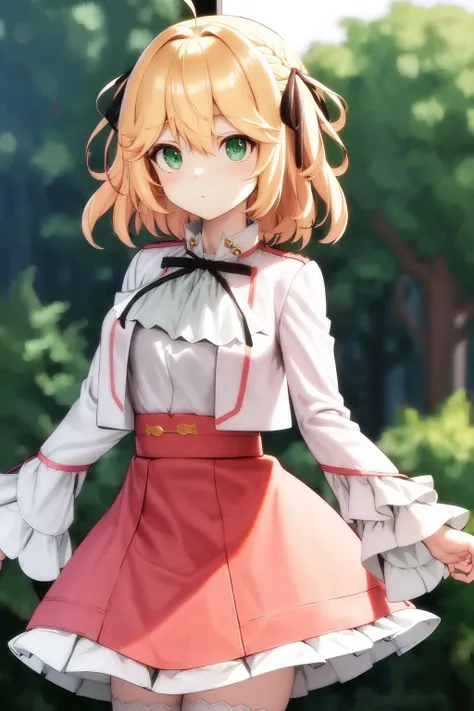 masterpiece, best quality, highres, 1girl anisphia ahoge hair ribbon, pink skirt frilled skirt white jacket cropped jacket white shirt white thighhighs frills black bow neck ribbon black ribbon wide sleeves <lora:anisphia:1>
