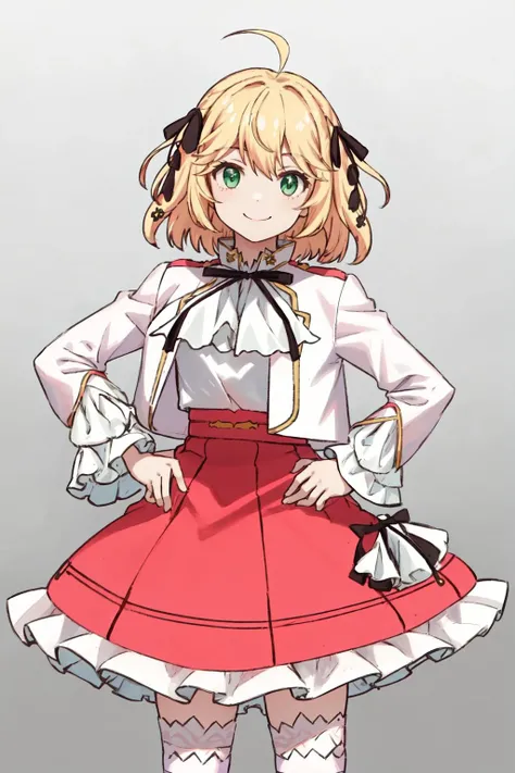 masterpiece, best quality, highres, 1girl anisphia ahoge hair ribbon, pink skirt frilled skirt white jacket cropped jacket white shirt white thighhighs frills black bow neck ribbon black ribbon wide sleeves <lora:anisphia:1> standing, hand on hip, smile