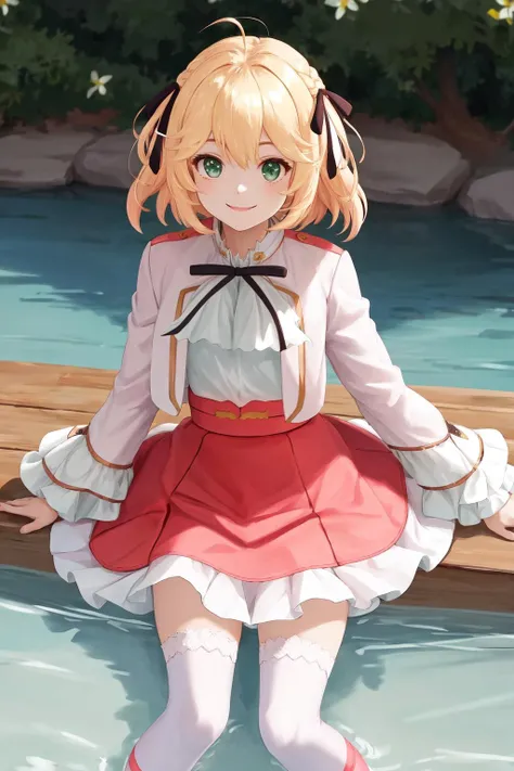 masterpiece, best quality, highres, 1girl anisphia ahoge hair ribbon, pink skirt frilled skirt white jacket cropped jacket white shirt white thighhighs frills black bow neck ribbon black ribbon wide sleeves <lora:anisphia:1> sitting, wading, smile