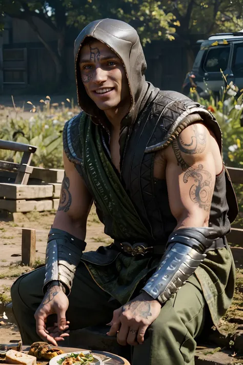 mk1reptile,facial tattoo, green eyes,hood, looking at viewer, happy, smiling, teeth,
outside, market, sitting on ground, eating food, plate full of bugs, dragonfly, beetle, insects, extreme detail, hdr, fantasy,<lora:mk1reptile:.7>