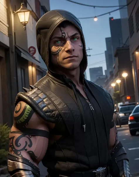 mk1reptile, facial tattoo, green eyes, looking at viewer, hoodie, street light,
<lora:mk1reptile:.6>
