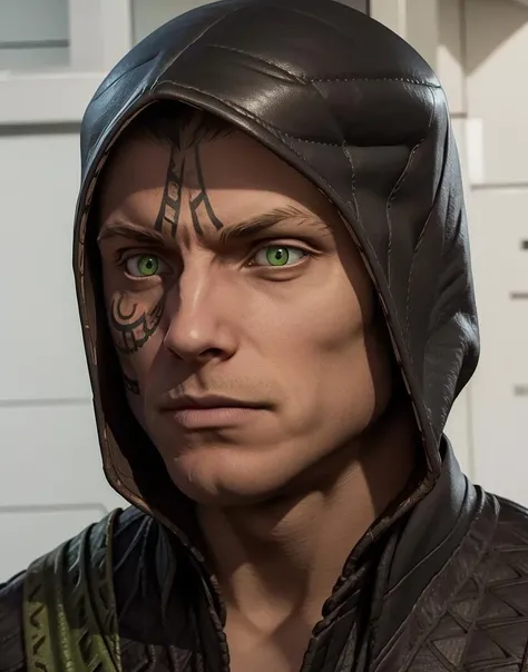mk1reptile, facial tattoo, green eyes, looking at viewer, detailed face, white background,
<lora:mk1reptile:.7>