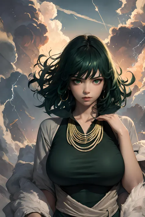 Anime art style, Fubuki from one punch man, green hair, white skin, wearing V-neck dress, flying over destroyed rock, cinematic lights, blushing cheeks, ligth smiling, detailed small breast, wide hips, NSFW, cowboy shot.
