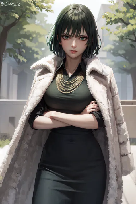 (masterpiece, best quality:1.2), <lora:opm_fubuki-13:1>, cowboy shot, solo, 1girl, fubuki, expressionless, crossed arms, green hair, taut clothes, fur coat, jewelry, necklace