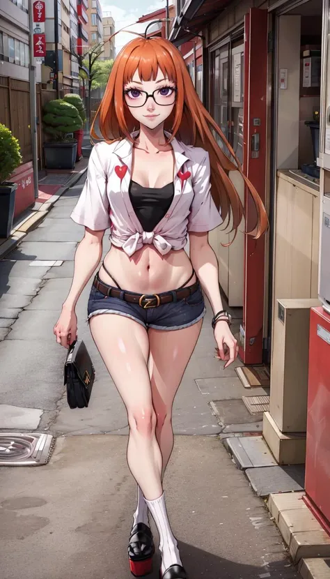1girl, flat chests, nude, naked, pussy, devious smile, petite girl, small girl, short girl, dsfutaba, long orange hair, (ahoge:0.9), glasses, blunt bangs, purple eyes, white crop top, denim shorts, black belt , heart buckle, pink heels ,white socks, ginza, japan, summer, (walking in modern city),<lora:gggg:1> <lyco:dsfutaba-v2_lc_768:0.8>, downblouse, <lora:milf_downblouse.v10.1-e100:1>