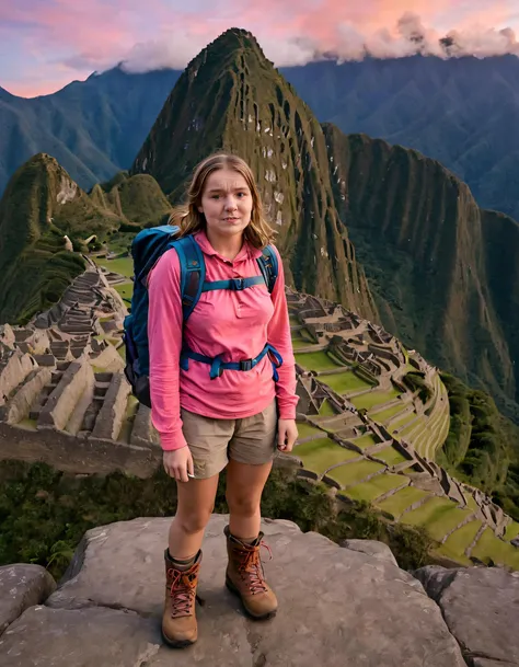 Alex Sheffield, a young adventurer, stands alone atop the historic Machu Picchu during an enchanting dawn when the world awakens to a colorful symphony of pinks and oranges, her camouflage long-sleeve shirt fusing modern exploration with ancient Incan traditions as she cradles her well-worn backpack, symbolizing 1girl's journey into the unknown while honoring history; the sturdy hiking boots etched with Incan cosmology remind us of her commitment to blending cultures and protecting the environment. <lora:uhnmki18f2137cf73n183:1>