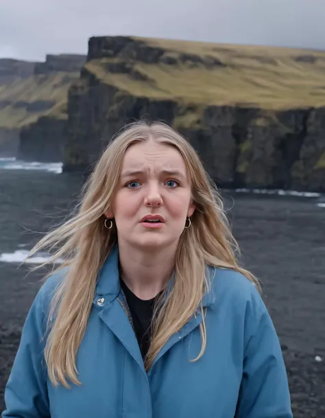 Amidst the turbulent Icelandic coast, Alex Sheffield, a solo traveler with her signature long blonde hair and striking blue eyes, stands tall, an epitome of courage and serenity; her piercing gaze catches yours as she stands there, parting her lips to admire the breathtaking view, wearing large breasts comfortably encased by her jacket's fitted arms while a single earring gently sways with every gust of wind that hits. <lora:uhnmki18f2137cf73n183:1>