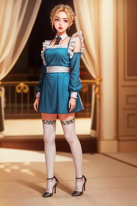 8k,highres,absurdres,masterpiece,best quality,original,extremely detailed CG,extremely detailed wallpaper,perfect lighting,<lyco:GoodHands-beta2:1>,
1girl,solo,blurry_background,looking_at_viewer,standing on the stage,
<lora:Elena_RevengeHarem-KK77-V1:0.6>,maid outfit,maid,maid apron,long sleeves,blue eyes,blonde hair,bangs,white headwear,hair bun,hair ornament,