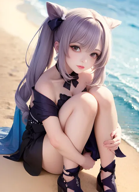 masterpiece, best quality,absurdres,sfw, extremely detailed cg unity 8k wallpaper,1girl,full body,keqing (opulent splendor) (genshin impact), keqing (genshin impact), official alternate costume, dress, cone hair bun, night, strapless dress, looking at viewer, long hair, cleavage, black dress, hair bun, strapless, bare shoulders, purple hair, bangs, bow, detached collar, purple eyes, diamond-shaped pupils, ribbon, double bun, twintails, two-tone dress, medium breasts, hair ornament, black bow, hair ribbon, blue dress, bowtie, hair between eyes, earrings,<lora:keqing3in1_v10:1>,sitting, hugging own legs, beach, blue sky,