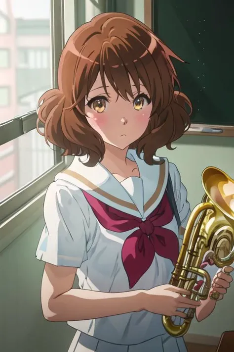 best quality, masterpiece, highres, solo, {oumae_kumiko_soundeuphonium:1.15}, brown_hair, short_hair, brown_eyes, blush, serafuku, bangs, closed_mouth, 1girl, brown_shirt, kitauji_high_school_uniform, neckerchief, sailor_collar, school_uniform, shirt, white_sailor_collar, indoors, looking_at_viewer, red_neckerchief, window, expressionless
