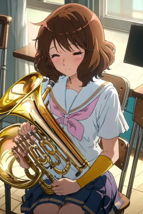best quality, masterpiece, highres, solo, {oumae_kumiko_soundeuphonium:1.15}, brown_hair, short_hair, brown_eyes, blush, serafuku, bangs, closed_mouth, 1girl, closed_eyes, instrument, kitauji_high_school_uniform, music, school_uniform, playing_instrument, sailor_collar, sweat