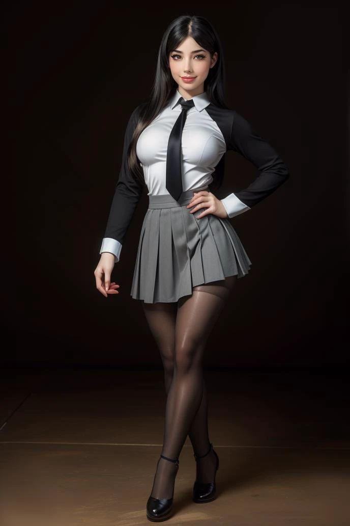 (RAW photo:1.3), (masterpiece:1.3), (best quality:1.4), ultra high res, photo referenced, (intricate:1.2), (masterpiece:1.4), (RAW photo:1.2), 1girl, (masterpiece), (highest quality:1.3), high resolution, (realistic, photorealistic:1.4), mixed American Korean actress, sexy Korean female idol-type face, natural and detailed Handsome beauty doll face, ((Peaceless beauty face: 1.2)), (black: medium straight hair: 1.3), (large: almond-shaped eyes), sharp nose, ((red lips: 1,4)), Big breasts, voluptuous sexy body, (Supermodel Body :1.2), ((Korean -faceress style: 1.2)). (White skin:1.3), Ulzzang style, big breasts, (fitting model body:1.3), 168cm tall, (Accurate contrast: 1.5), (Ultra clear picture quality: 1.4), <lora:lightAndShadow_v10:0.5>, skinny, (skin tight korean school uniform), black necktie, (korean gyobok:1.4), (skin tight grey cotton skirt in style of korean highschool:1.3), (((skin tight grey skirt))), (simple background), ((standimg pose:1.7)), (Full body:1.3), (smile:1.1), <lyco:GoodHands-beta2:1>, <lora:detailSliderALT2:0.5>, <lora:lora_perfecteyes_v1_from_v1_160:0.5>,<lora:eyelashes_slider_v3:0.2>, <lora:DitaVonTeese:0.38>, <lora:Jennifer-000007:0.35>, <lora:mikomihokina_sd15_512_128_64_v1:0.76>, (S213_KamaOxi:0.76), <lora:hourglassv01:0.25>, <lora:breastsizeslideroffset:-0.2>