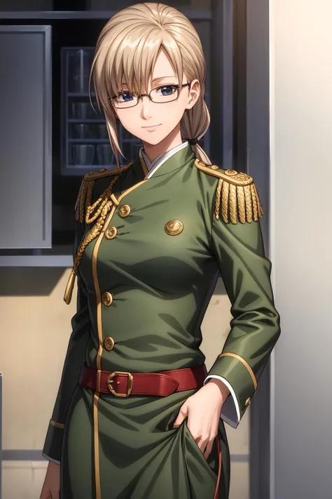 (RAW photo, best quality), masterpiece, an extremely delicate and beautiful, extremely detailed, 2k wallpaper, Amazing, finely detail, extremely detailed CG unity 8k wallpaper, ultra-detailed, highres, soft light, beautiful detailed girl, extremely detailed eyes and face, beautiful detailed nose, beautiful detailed eyes, cinematic lighting, perfect anatomy, beautiful body, hi-res, best quality, masterpiece, 1girl, solo, long hair, blue eyes, blonde hair, ponytail, nishiki_ikumatsu, pants, military uniform, green uniform, epaulettes, glasses, smile, outdoor
