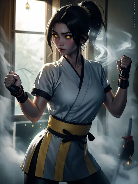 (best quality, masterpiece), 1girl, katana, samurai, looking at viewer, high ponytail,   <lora:sciamano240:0.8> sciamano240 <lora:backlight_slider_v10:-2>, dark, lit candle, fog,  KokoaAisu, furrowed brow, glowing eyes, yellow eyes, furrowed brow, fighting stance, holding sword,