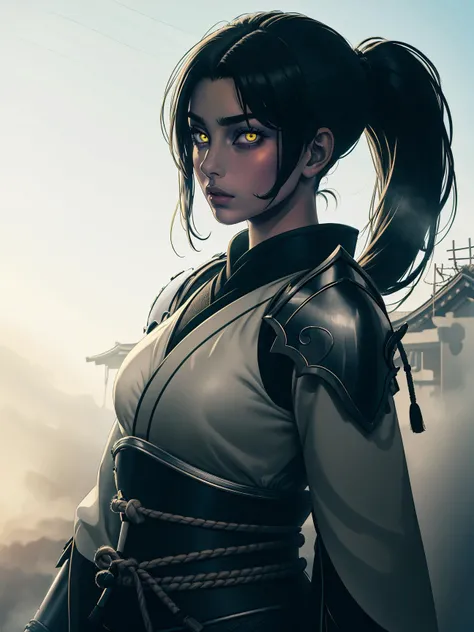 (best quality, masterpiece), 1girl, holding polearm, samurai, shoulder armor, looking at viewer, high ponytail, <lora:sciamano240:0.8> sciamano240 <lora:backlight_slider_v10:-1.5>, fog, KokoaAisu, furrowed brow, glowing eyes, yellow eyes, furrowed brow, serious, parted lips,