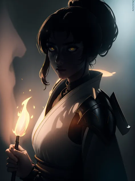 (best quality, masterpiece), 1girl, holding polearm, samurai, shoulder armor, looking at viewer, high ponytail, <lora:sciamano240:0.8> sciamano240 <lora:backlight_slider_v10:-3>, dark, fog, KokoaAisu, furrowed brow, glowing eyes, yellow eyes, furrowed brow, serious, parted lips, pyrokinesis,
