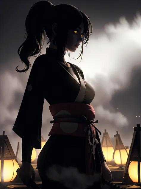(best quality, masterpiece), 1girl, holding polearm, samurai, looking at viewer, high ponytail, <lora:sciamano240:0.8> sciamano240 <lora:backlight_slider_v10:-3>, dark, paper lantern, fog, KokoaAisu, furrowed brow, glowing eyes, yellow eyes, furrowed brow, serious,