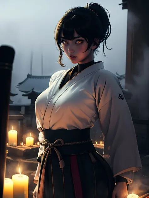 (best quality, masterpiece), 1girl, katana, samurai, looking at viewer, high ponytail,   <lora:sciamano240:0.8> sciamano240 <lora:backlight_slider_v10:-2>, dark, lit candle, fog,  KokoaAisu, furrowed brow, glowing eyes, yellow eyes,